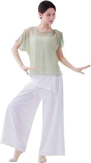 Green Short Sleeve Top And White Wide-Leg Pants Set image 6